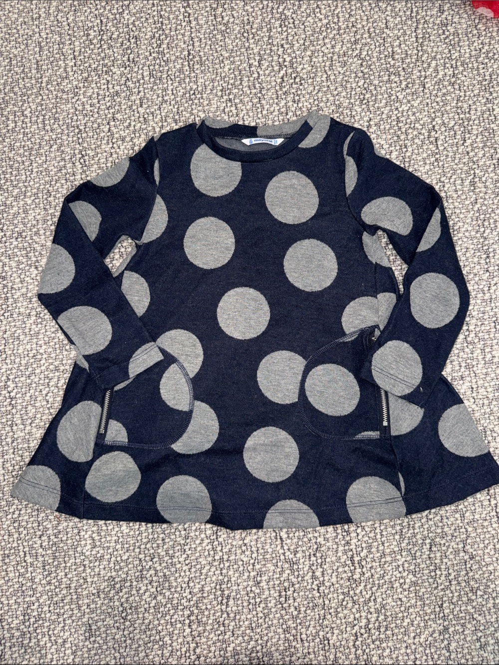 Mayoral Navy and Light Gray Polka Dot Long-Sleeve Tunic
